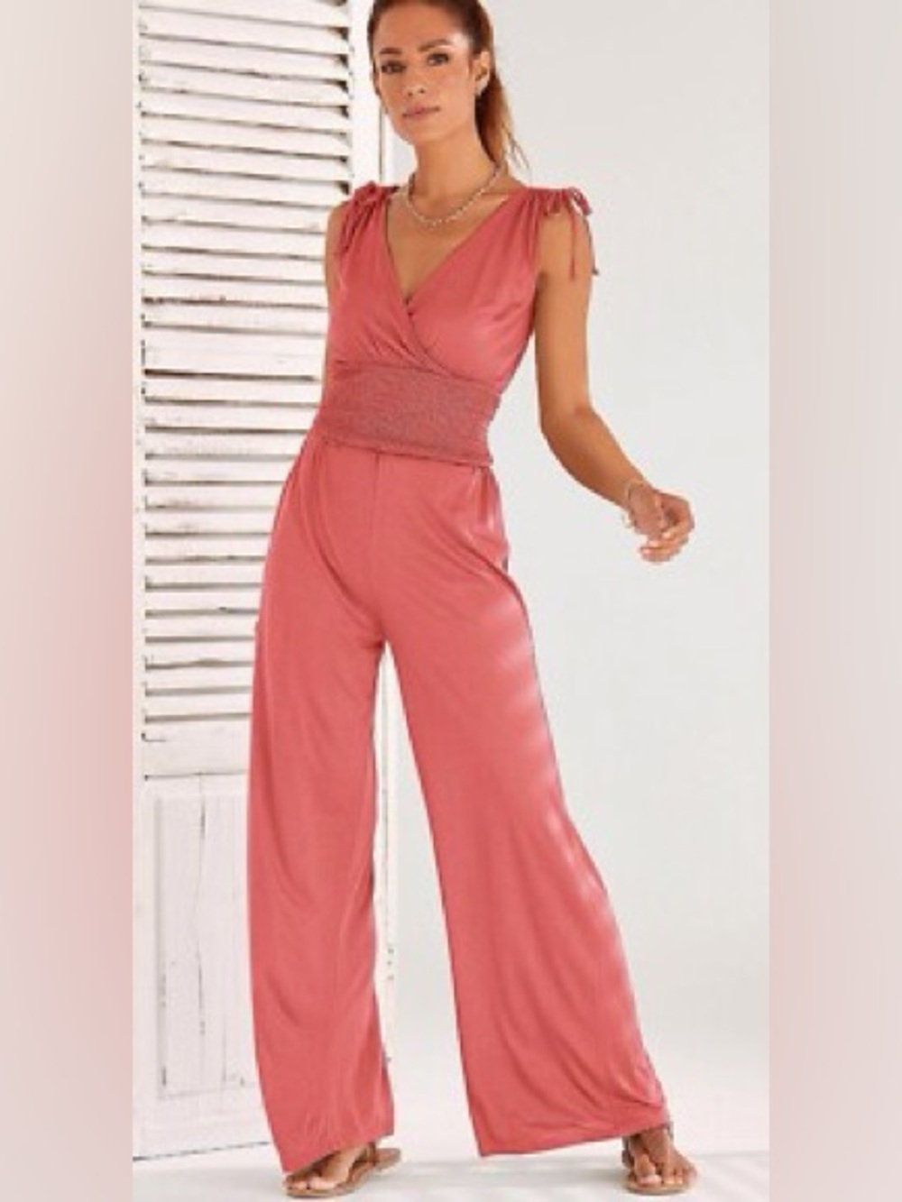 Smocked-Waist V-Neck Wide-Leg Jumpsuit in Rose